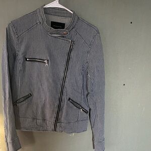 Zara Black and White Striped Jean Jacket